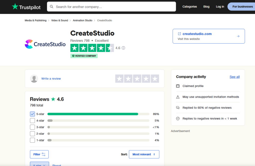Create Studio Pro review on trustpilot